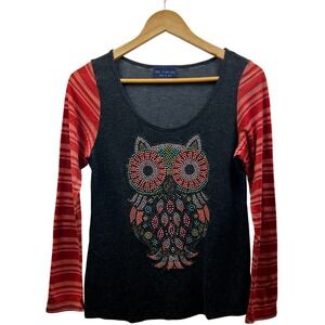 The Clas-Sic Owl Top Women M Made in USA Studded Graphic Folk Art Festival-Ready